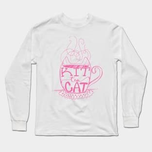 Kitty Cat - Tea Lover Lettering Art - Visual Pun - Mug - Light Pink Line Art Long Sleeve T-Shirt